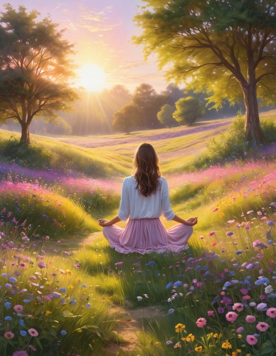 A serene landscape featuring a sun-kissed meadow with vibrant wildflowers swaying gently in the breeze. In the foreground, a person joyfully practicing mindfulness, surrounded by glowing orbs of light that symbolize positivity and happiness. Soft pastel colors and light flooding the scene convey a sense of calm and bliss. super-realistic. vibrant colors. sunny and uplifting atmosphere.