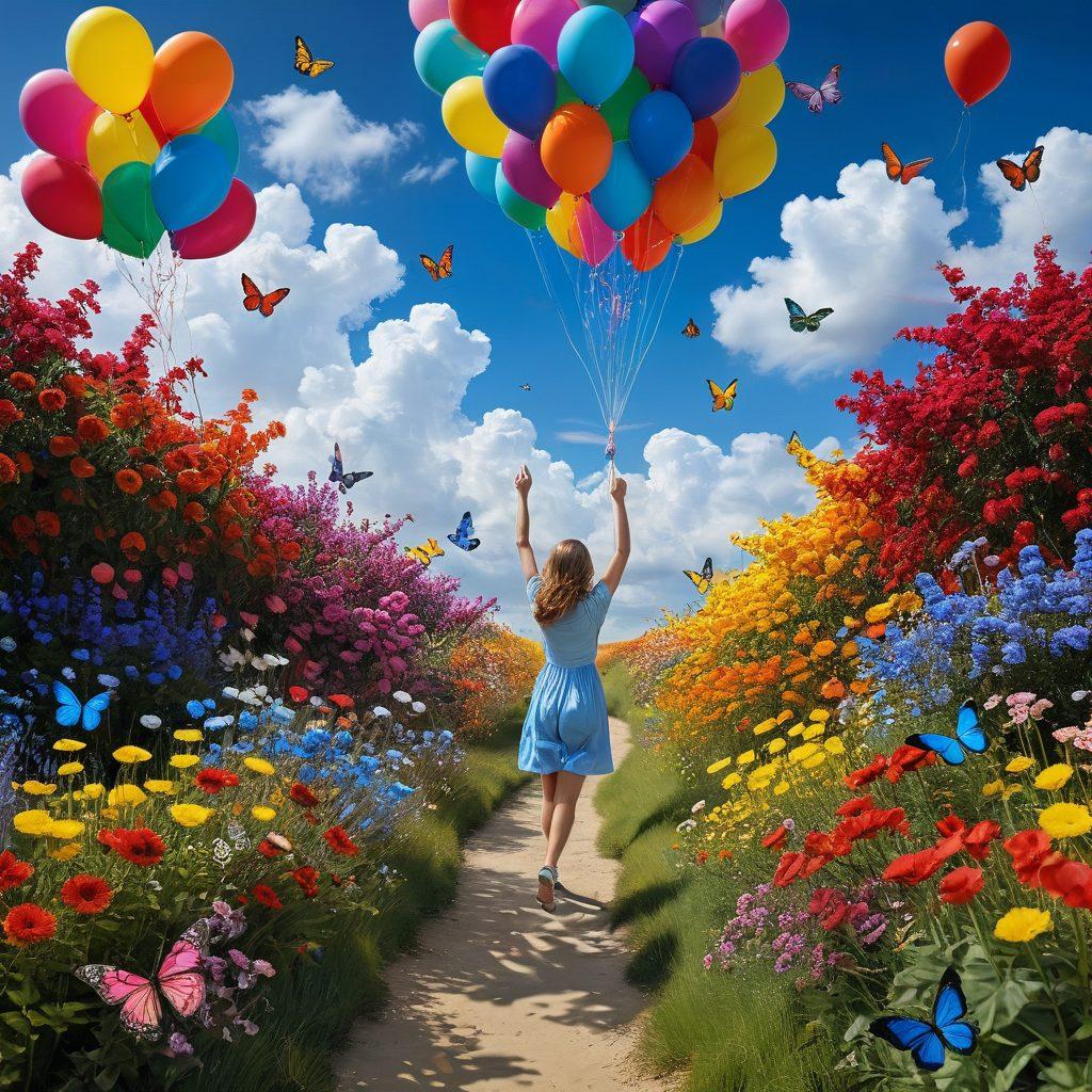 A vibrant scene depicting a person transitioning from a dull gray world to a colorful, lively landscape filled with sunshine, flowers, and butterflies. The subject has a joyful expression, surrounded by symbols of positivity like rainbows and balloons. Use bright colors to emphasize the change from ordinary to extraordinary. Include a serene background with soft clouds to enrich the moment. surrealistic. vibrant colors.